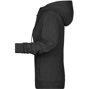 A ladies zip hoodie in dark grey with long sleeves and a drawstring hood, featuring a side view.