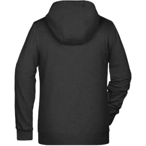 A black ladies zip hoodie with a hood, featuring long sleeves and a plain back design. It includes a logo.