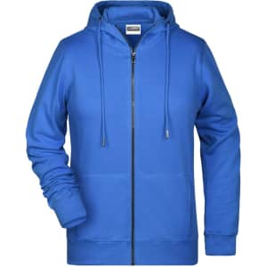 A blue ladies zip hoodie with a front pocket and a hood, featuring a logo on the tag.