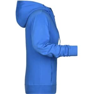 A blue ladies zip hoodie with a hood and side pockets, featuring a logo on the front.