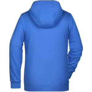 A blue ladies zip hoodie with a hood and a plain back view. It has a logo on the back.