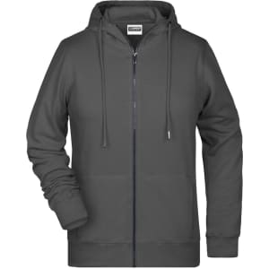 A grey zip hoodie with a front pocket and drawstring hood, featuring a branding logo.