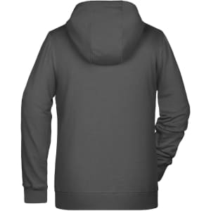 A grey ladies zip hoodie with a hood and long sleeves, featuring a logo on the back.