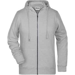 A grey ladies zip hoodie featuring a front zipper and a hood, with a logo on the label.