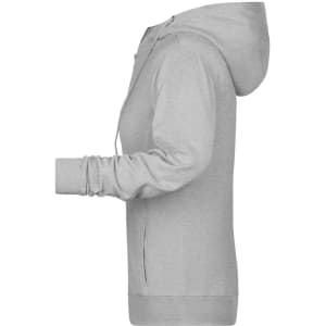 A grey ladies zip hoodie displayed from the side, featuring a hood and a logo.