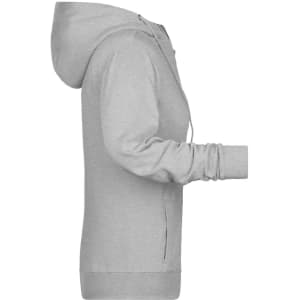 A grey ladies zip hoodie with a hood and long sleeves, featuring a side view design.