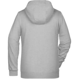 A grey ladies zip hoodie with a hood and long sleeves, featuring a plain back design.
