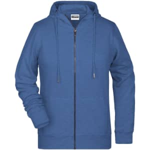 A blue ladies zip hoodie featuring a front zip and drawstring hood, with an unobtrusive logo.