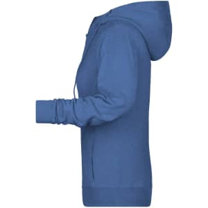 A blue ladies zip hoodie with a hood, featuring long sleeves and a front zip closure.