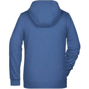 A blue zip hoodie for ladies featuring a hood and long sleeves. The back view shows the garment's design.