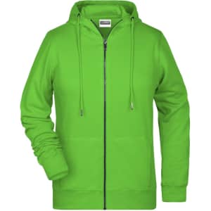 A vibrant green ladies zip hoodie featuring a hood and a front zip. It includes a logo on the chest.