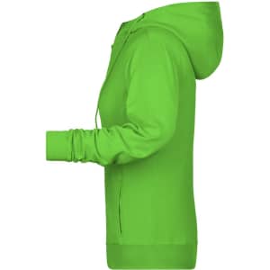 A green ladies zip hoodie featuring a hood and long sleeves. The hoodie has a side view with a logo.