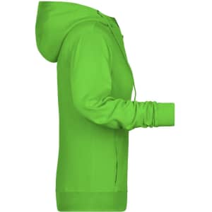 A bright green ladies zip hoodie featuring a hood and long sleeves. It includes a side view of the garment.