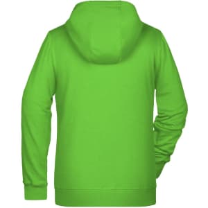A vibrant green ladies zip hoodie featuring a hood and long sleeves, with a logo on the back.