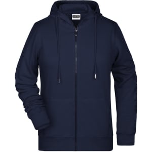 A navy ladies zip hoodie features a front zip closure and a hood, with a subtle logo on the label.
