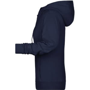 A navy blue ladies zip hoodie featuring a hood and long sleeves, with an accompanying logo.