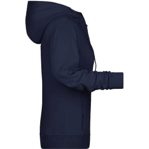 A navy blue ladies zip hoodie with a hood and long sleeves, featuring a logo.