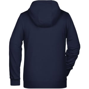 A navy blue ladies zip hoodie with a hood, featuring long sleeves and a simple design.