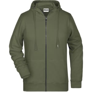 A green zip hoodie with a front zip, hood, and drawstrings, featuring one logo in the upper section.