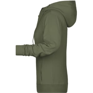 A ladies zip hoodie in olive green, featuring long sleeves, a hood, and a fitted design.
