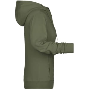 A ladies zip hoodie in olive green, featuring a hood and long sleeves, with a logo on the side.