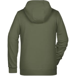 A ladies zip hoodie in a deep olive green colour, featuring a hood and long sleeves. It has a logo on the back.