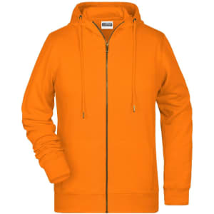An orange zip hoodie with a hood and a front zipper, featuring long sleeves and a plain design.