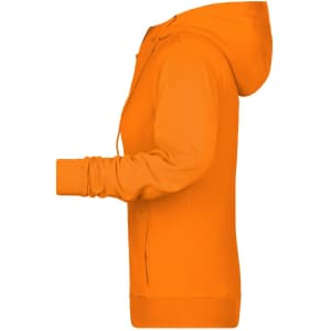 An orange ladies zip hoodie featuring a hood and fitted design, with a logo on the front.