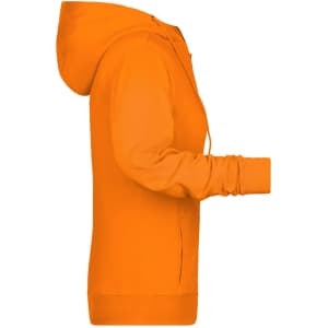 An orange ladies zip hoodie with a hood and long sleeves, featuring a logo on the front.