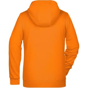 An orange zip hoodie with a hood and long sleeves, featuring a plain back design and a branding logo.