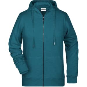 A teal zip hoodie featuring a front zip closure and a hood. It includes a logo on the label.