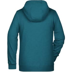 A teal ladies zip hoodie with a hood and long sleeves, featuring a logo on the back.