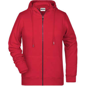A red zip hoodie with a front zipper and drawstring hood, featuring long sleeves and a casual fit.