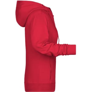 A red ladies zip hoodie with a hood and long sleeves, featuring a fitted silhouette.