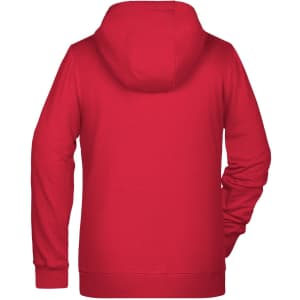 A red zip hoodie with a hood, featuring a casual design and a logo on the back.