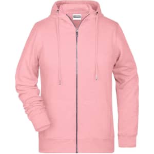 A pink zip hoodie featuring a hood and long sleeves, with a simple design and a logo.