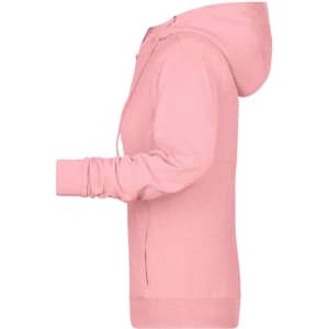 A pink ladies zip hoodie featuring a hood and long sleeves, with a side view showing a streamlined design.