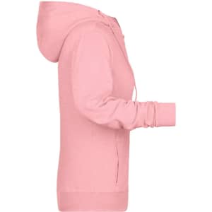 A pink ladies zip hoodie displayed from the side, featuring a hood and a logo.