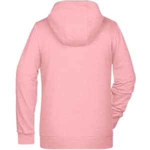 A pink ladies zip hoodie featuring a spacious hood and long sleeves, with a logo on the back.