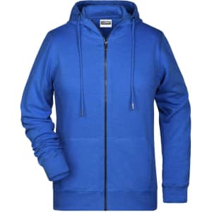 A blue zip hoodie with a hood and a front zip, featuring long sleeves and a branded logo.