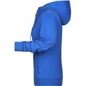 A blue ladies zip hoodie with a hood and long sleeves, featuring a side view and a logo on the front.
