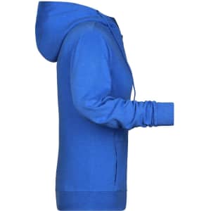 A blue ladies zip hoodie with a hood and long sleeves, featuring a side view and no visible logos.