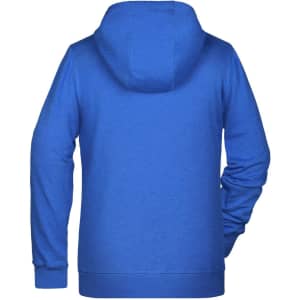A blue ladies zip hoodie with a hood, featuring long sleeves and a casual design. Branding is present on the garment.
