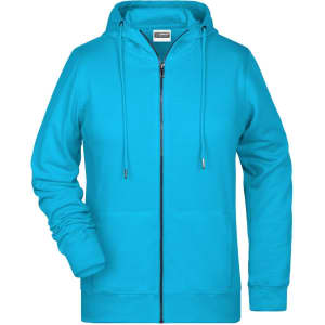 A turquoise zip hoodie featuring a front zipper and a hood, with an attached logo.