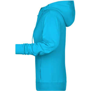 A ladies zip hoodie in bright turquoise, featuring a hood and long sleeves. It has a logo on the front.