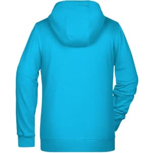 A women's zip hoodie in a vibrant turquoise colour, featuring a hood and long sleeves. It has a logo on the back.