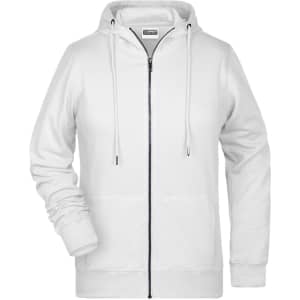 A white zip hoodie featuring a front zipper and hood, with a casual fit and a logo on the label.