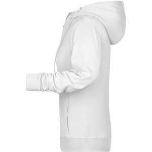 A white zip hoodie with a hood and long sleeves, featuring a side view and an unobtrusive logo.