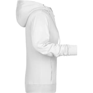 A white ladies zip hoodie featuring a hood and side pockets, with a logo on the front.