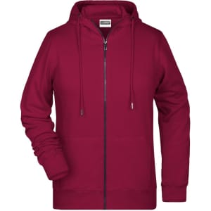 A maroon ladies zip hoodie with a hood and a front zipper, featuring long sleeves and a logo.